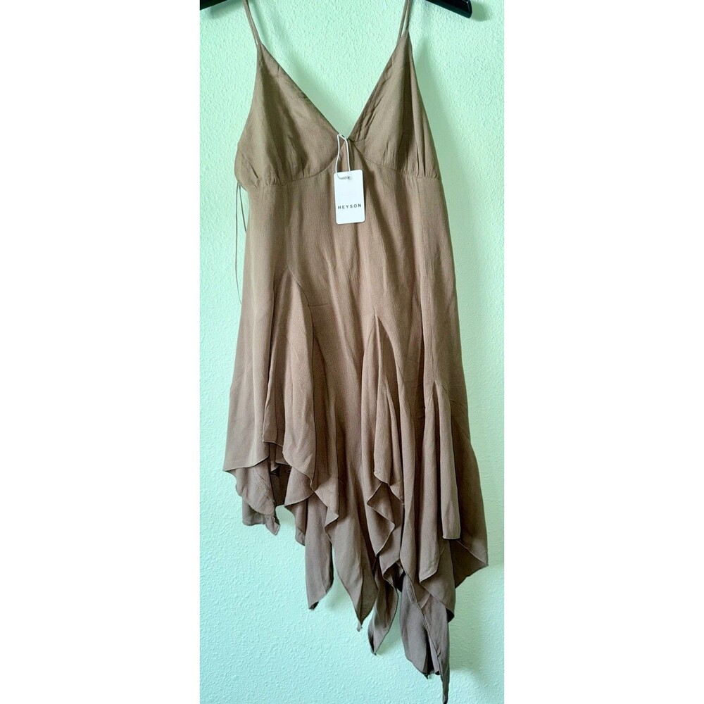 HEYSON Boho Lux Minimalist Tan V-Neck Crinkle Boutique Dress Medium